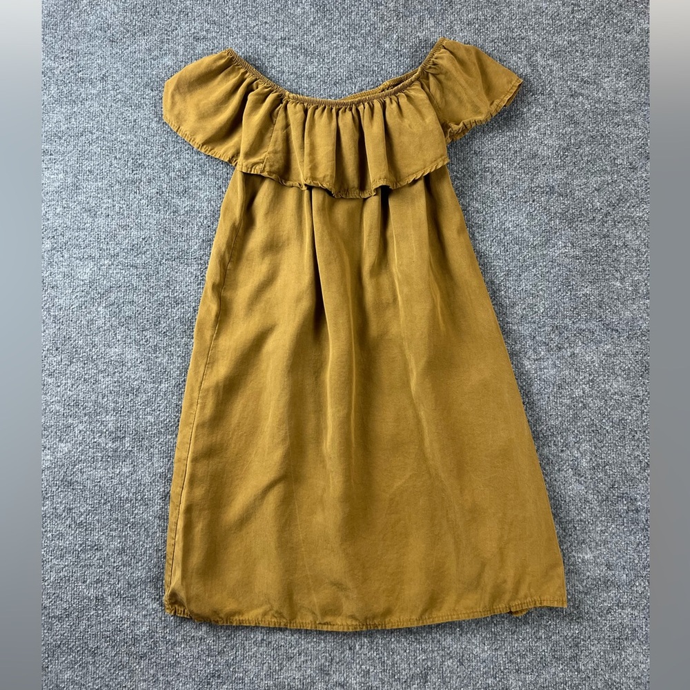 Made In Italy Off The Shoulder Mini Dress Womens Sz S Mustard Yellow Ruffle Flap